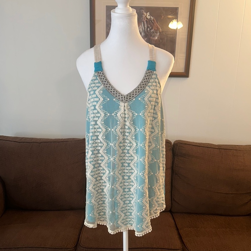 Blue and Cream Patterned Tank Top